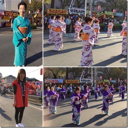 （4枚の写真）色鮮やかな緑や紫色の浴衣を着て踊る女性陣や赤い法被を着た女性の写真